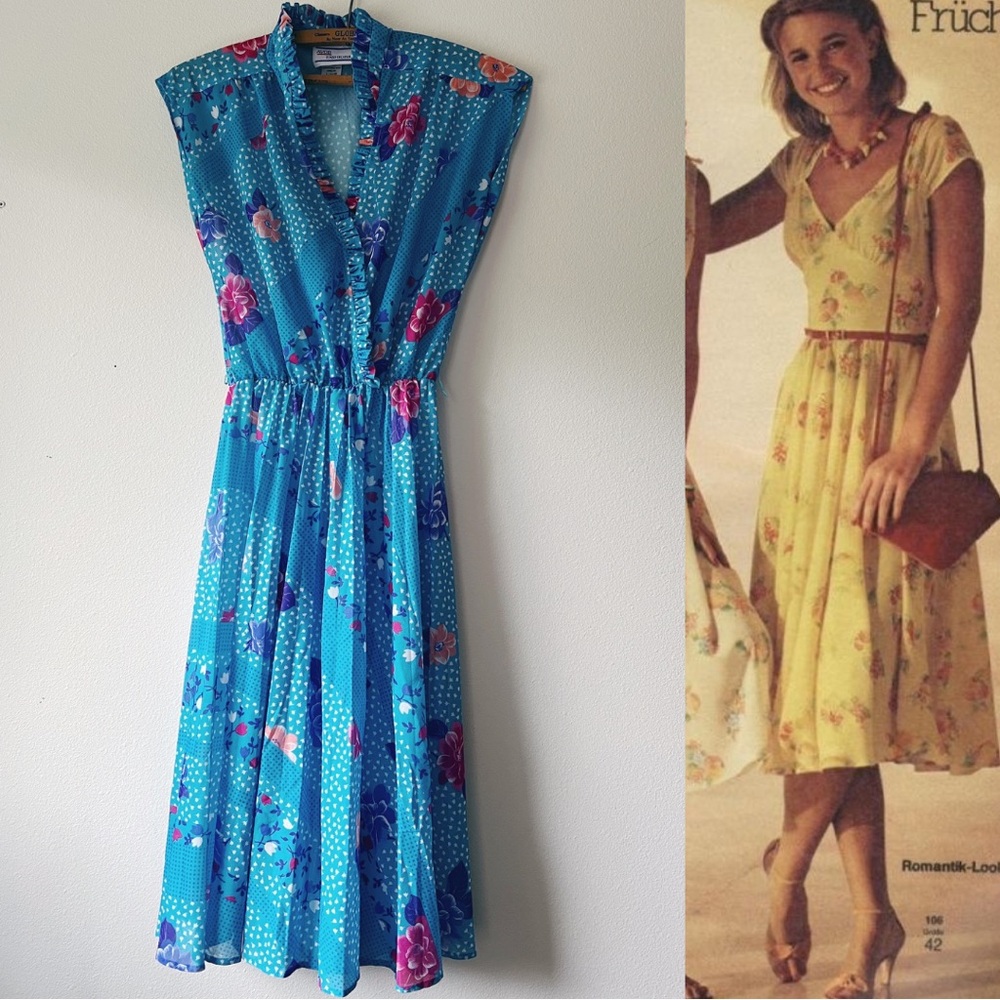 Vintage 80’s sheer Floral Blue Dress‎ size M